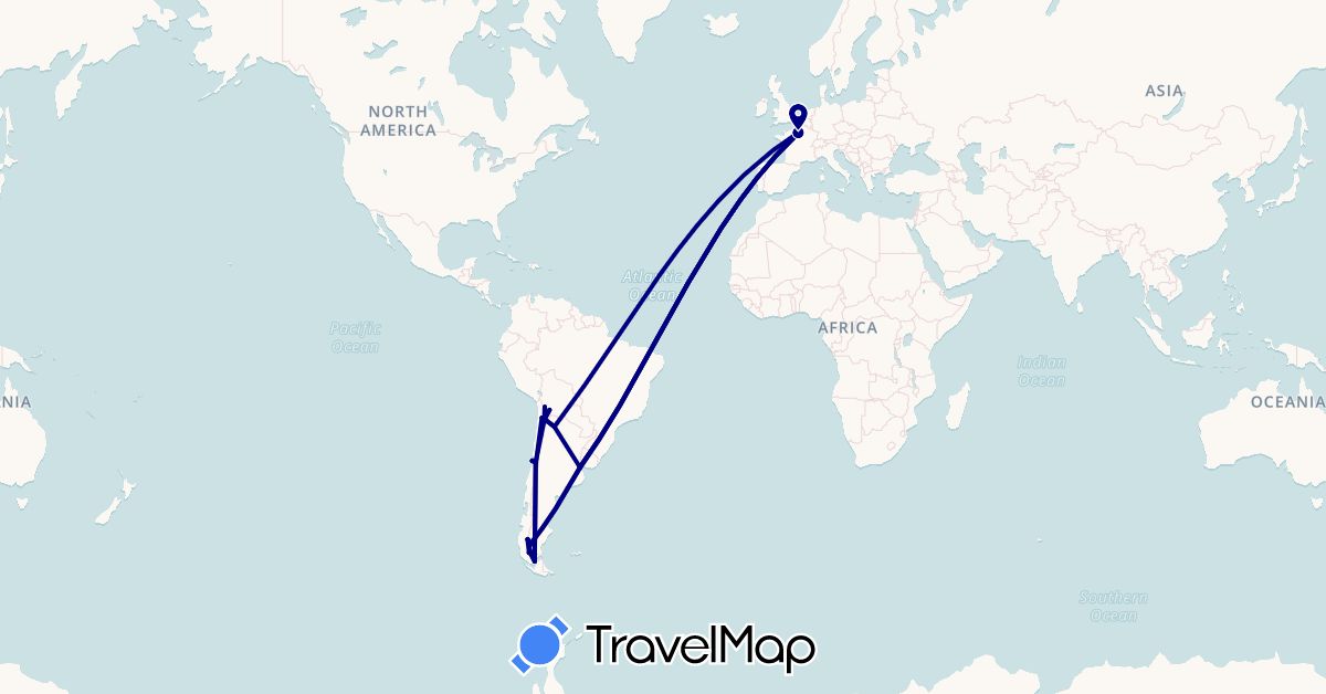 TravelMap itinerary: driving in Argentina, Bolivia, Chile, France (Europe, South America)